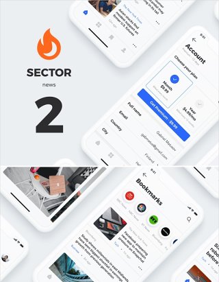 20个高品质新闻应用程序的移动模板，部门UI工具包新闻 Sector UI Kit. News