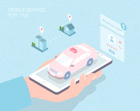 未来线上打车服务场景扁平2.5D插画网页UI插图APP设计AI矢量设计素材