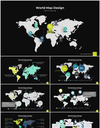 深色系世界地图信息图表ppt素材模板