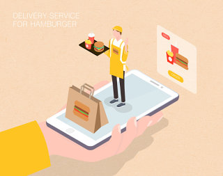 未来汉堡送货服务生活场景扁平2.5D插画网页UI插图APP设计AI矢量设计素材