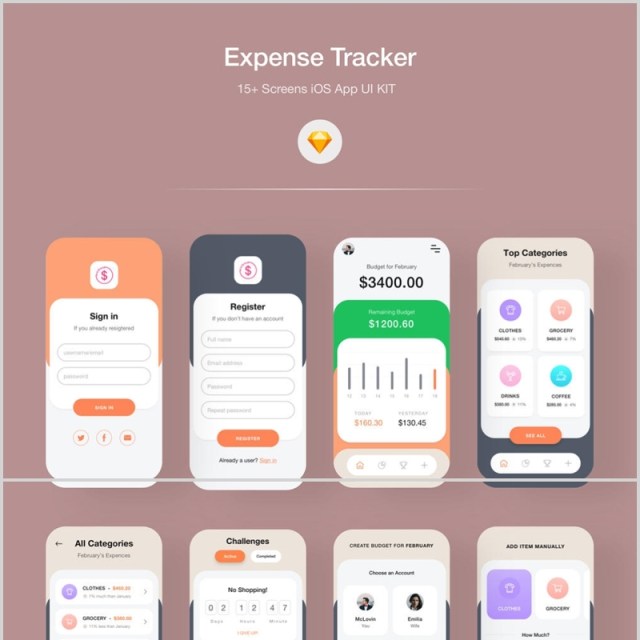 金融iOS应用UI KIT,费用追踪器iOS应用程序用户界面APP工具包 金融iOS应用UI KIT,费用追踪器iOS应用程序用户界面APP工具包