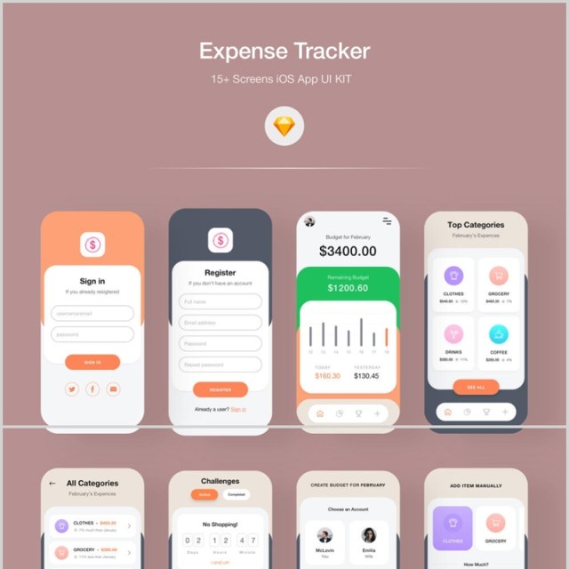 金融iOS应用UI KIT，费用追踪器iOS应用程序用户界面APP工具包