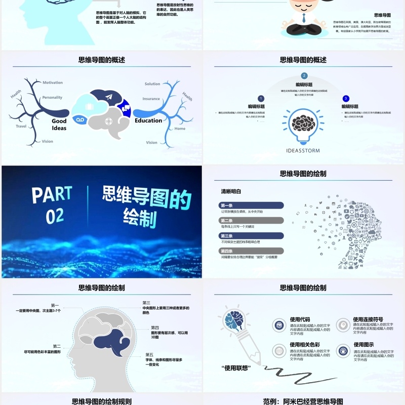 蓝色创意商务风思维导图课件PPT模板