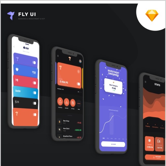 深浅主题金融应用设计的银行投资移动用户界面工具包 飞-UI套件Fly - Banking Investment Mobile UI Kit