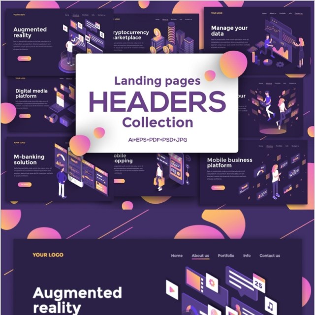 深色主题2.5D等距登录页插画模板Landing page templates, dark theme