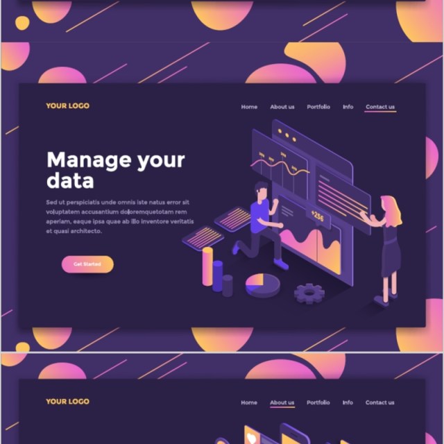 深色主题2.5D等距登录页插画模板Landing page templates, dark theme