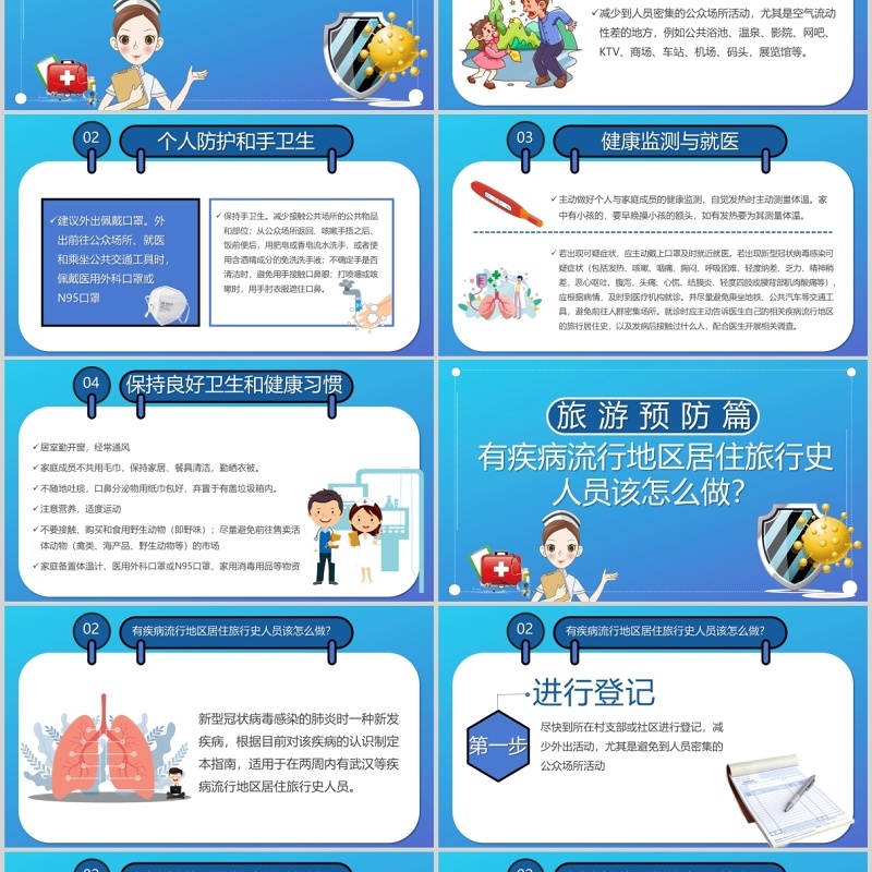 疫情肺炎蓝色卡通武汉新型冠状病毒预防宣传PPT医疗模板