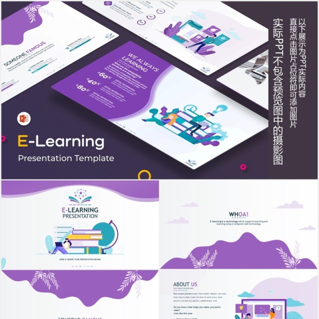 紫色线上学习在线教育人物插画PPT信息图表素材E-Learning PowerPoint Presentation Template