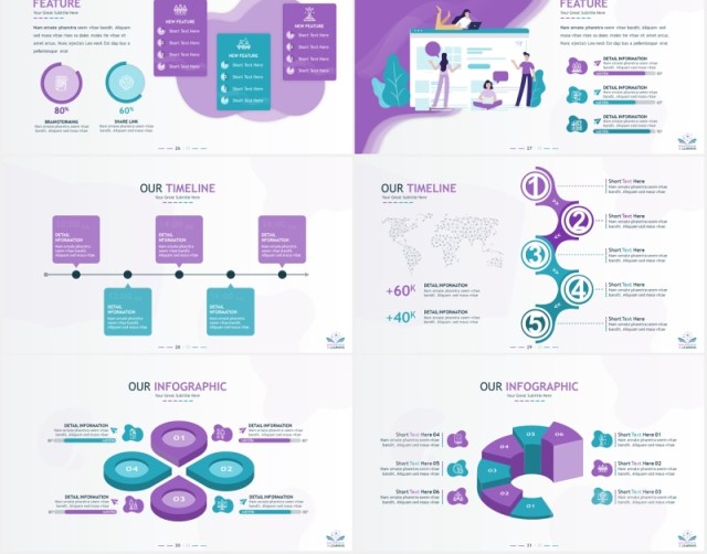 紫色线上学习在线教育人物插画PPT信息图表素材E-Learning PowerPoint Presentation Template