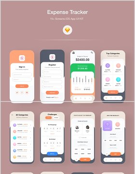 金融iOS应用UI KIT，费用追踪器iOS应用程序用户界面APP工具包