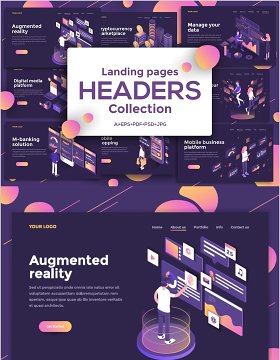 深色主题2.5D等距登录页插画模板Landing page templates, dark theme