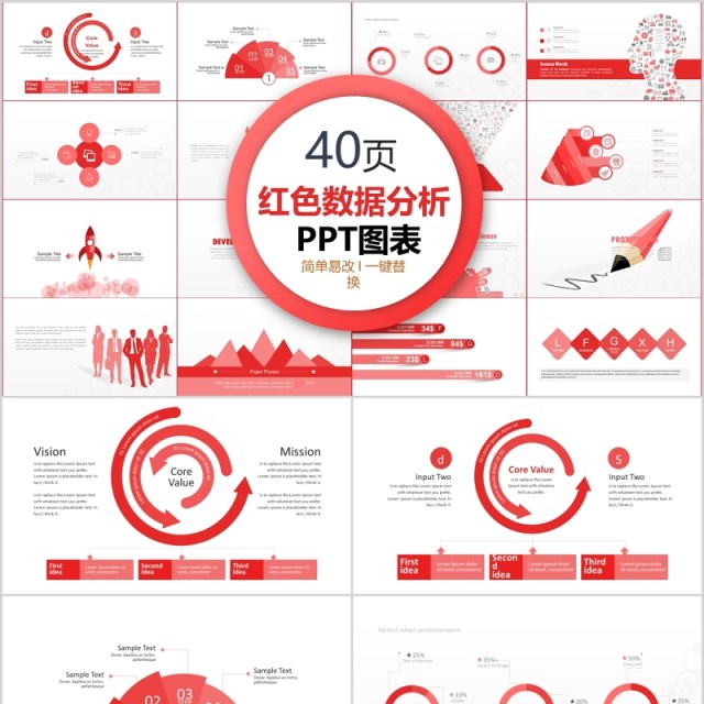 40页红色数据分析ppt图表