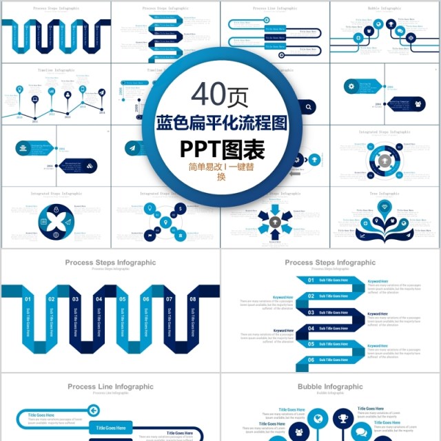 40页蓝色扁平化流程图ppt图表