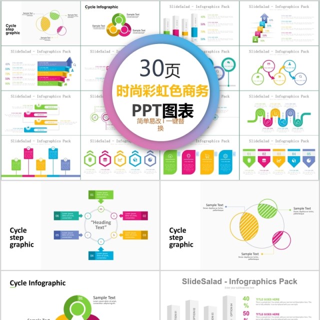 30页时尚彩虹色商务ppt图表