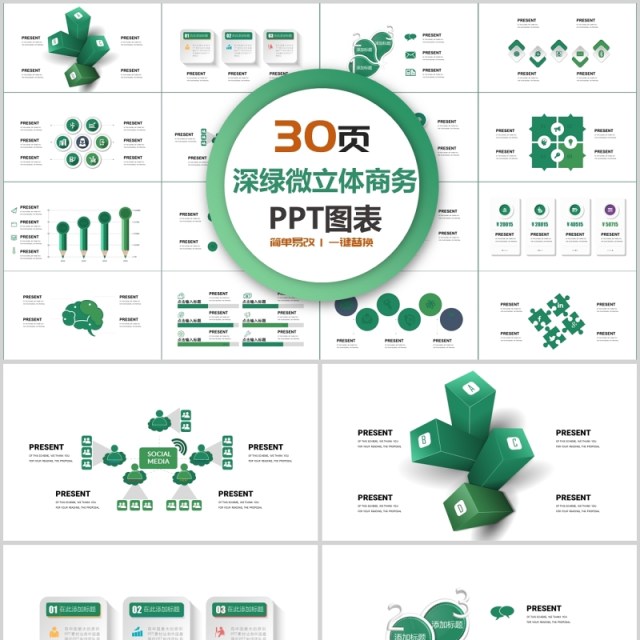 30页深绿微粒体商务ppt图表