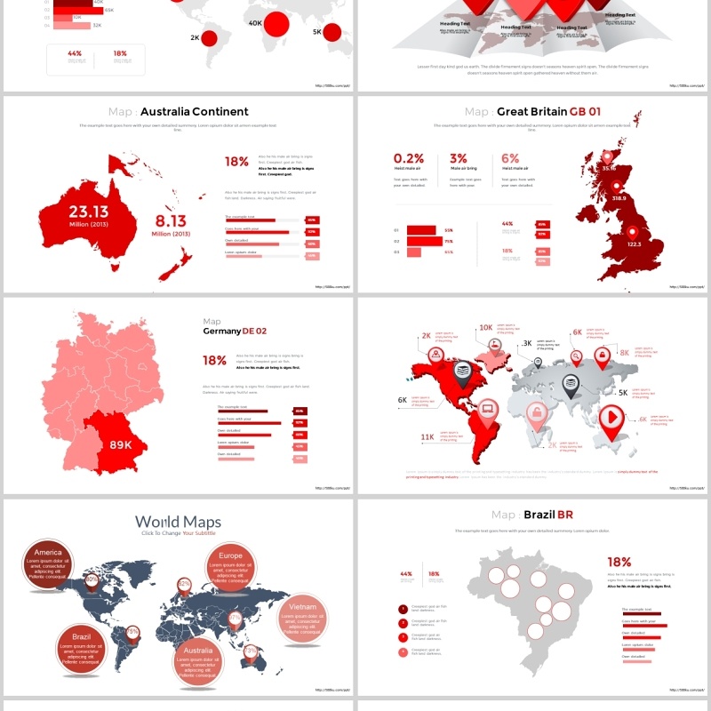 红色世界地图商务PPT图表合集