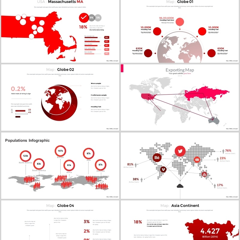 红色世界地图商务PPT图表合集