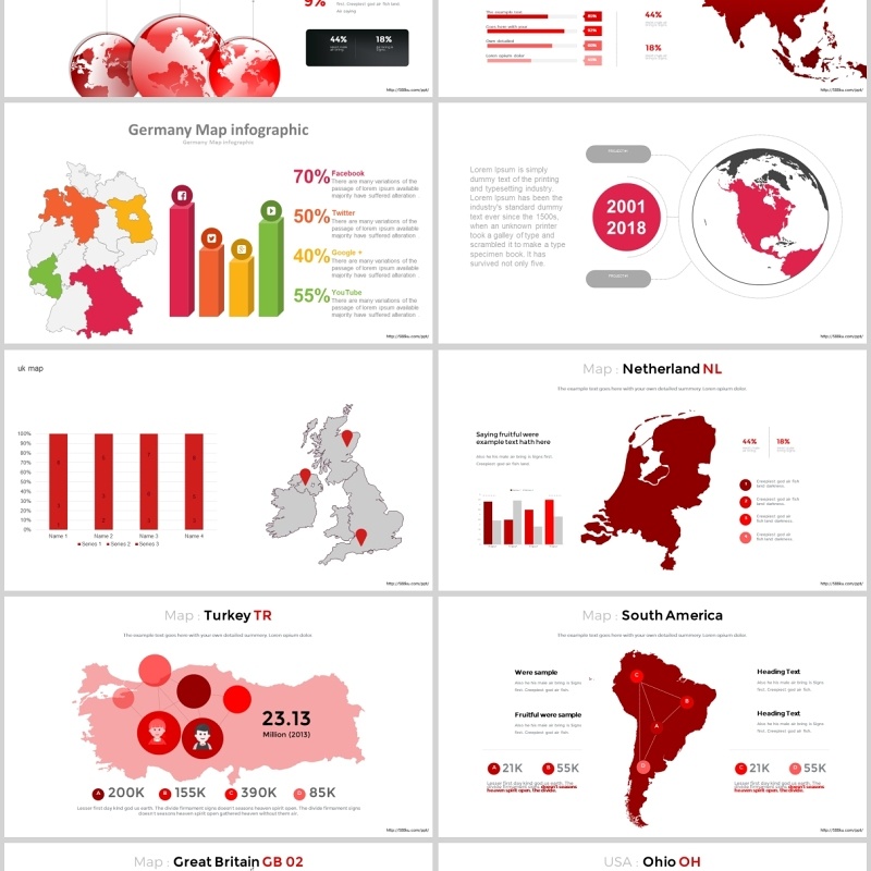 红色世界地图商务PPT图表合集