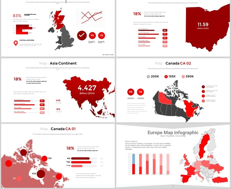 红色世界地图商务PPT图表合集