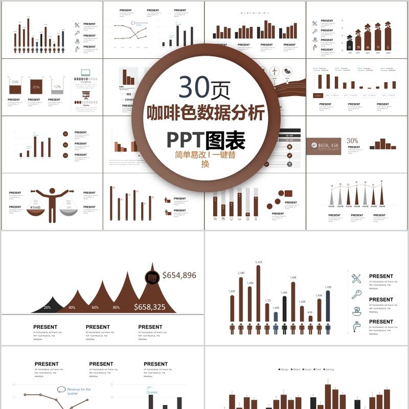 30页咖啡色数据分析ppt图表
