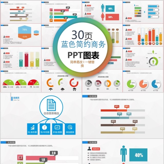 30页蓝色简约商务ppt图表