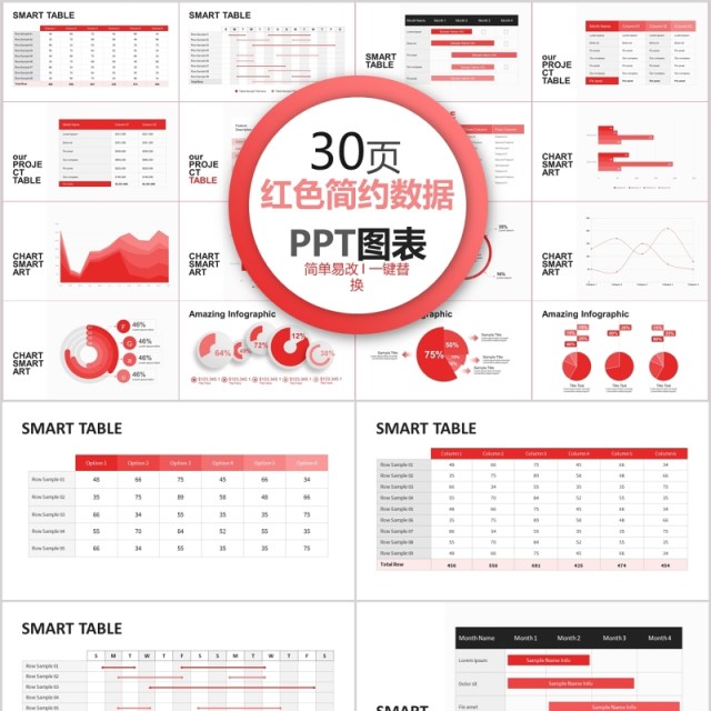 30页红色简约数据ppt图表