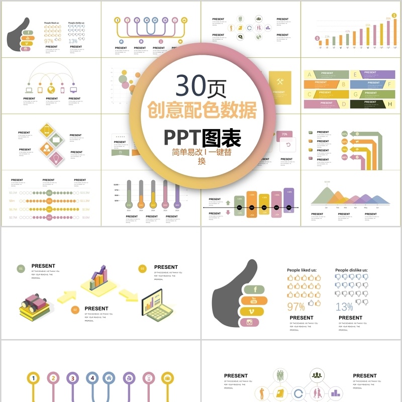 30页创意配色数据ppt图表