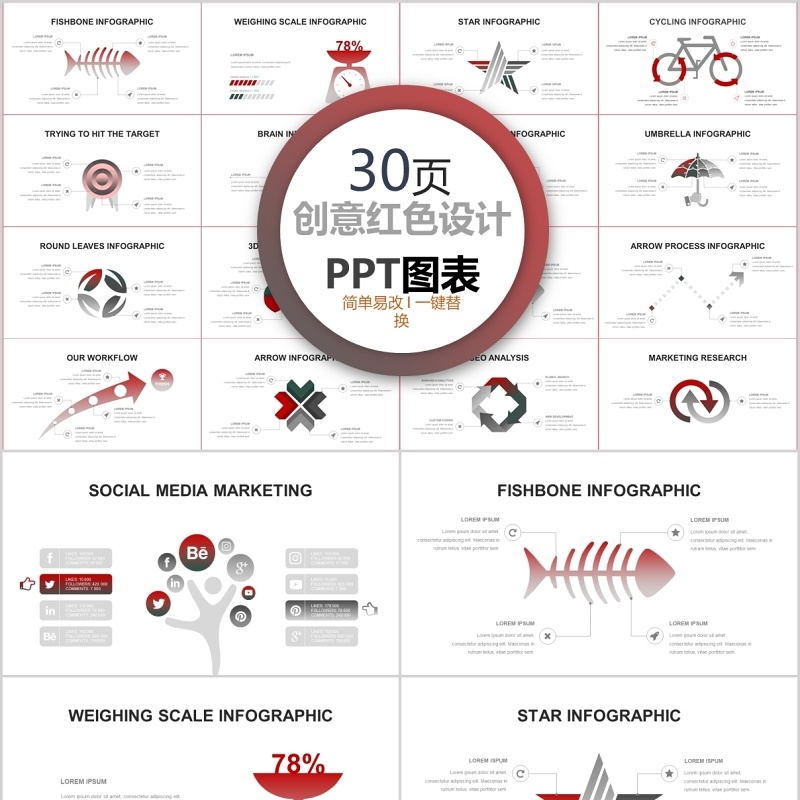 30页创意红色设计ppt图表