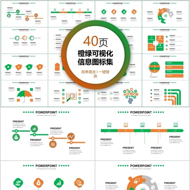 40页橙绿可视化信息图标集