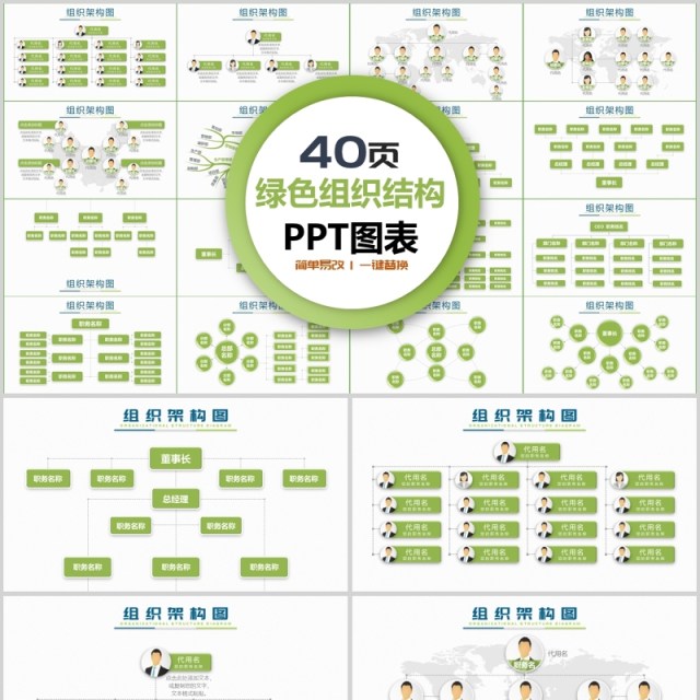 清新绿色商务组织架构PPT图表合集