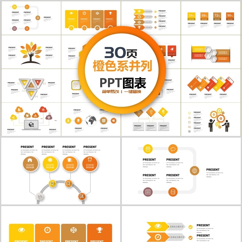 30页橙色并列关系ppt图表