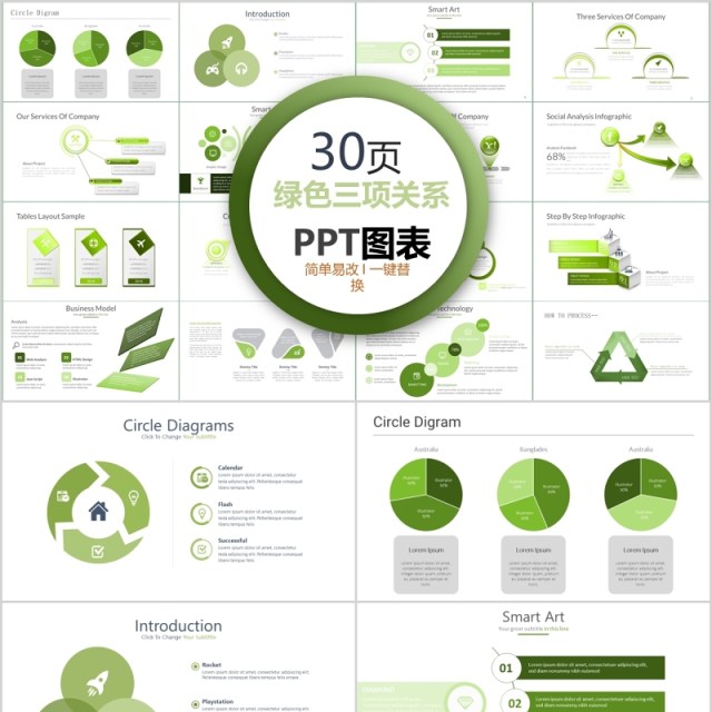 30页绿色三项关系ppt图表