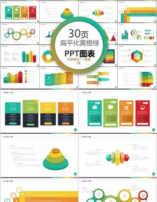 30页扁平化黄橙绿ppt图表