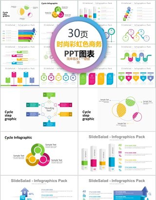 30页时尚彩虹色商务ppt图表