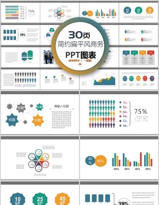 30页简约扁平 风商务ppt图表