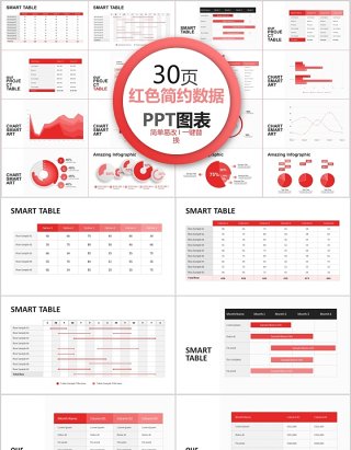 30页红色简约数据ppt图表