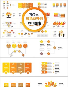 30页橙色并列关系ppt图表