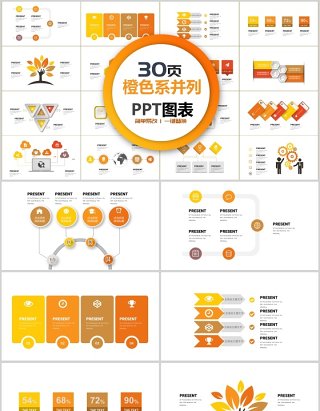 30页橙色并列关系ppt图表