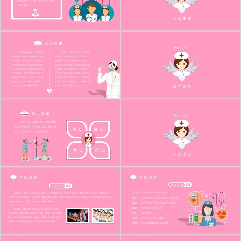 卡通粉色国际护士节介绍主题班会PPT模板