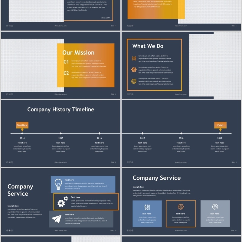 深色公司历程时间轴PPT信息图表版式模板Molex Powerpoint Template