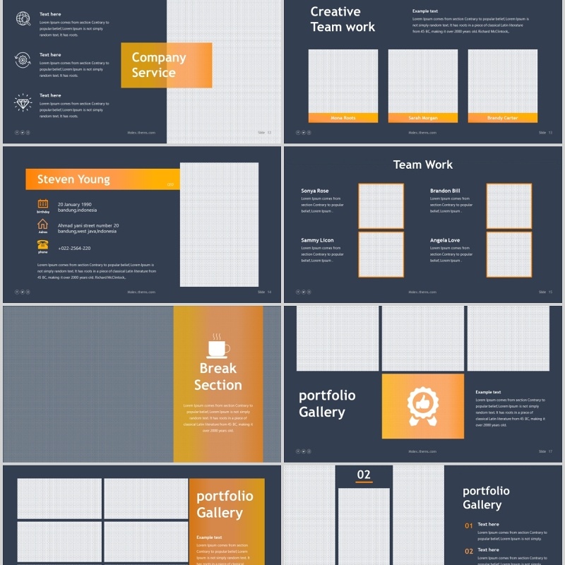 深色公司历程时间轴PPT信息图表版式模板Molex Powerpoint Template