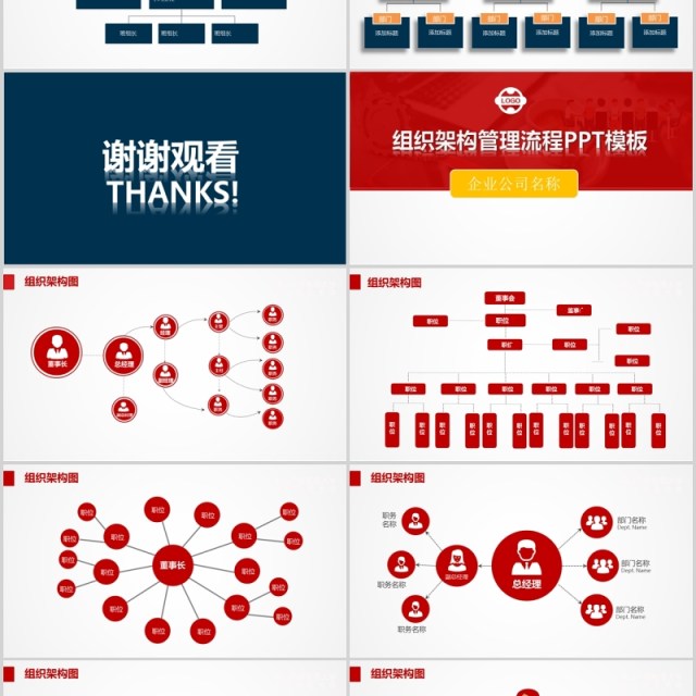 蓝红色公司组织架构管理流程商务ppt模板