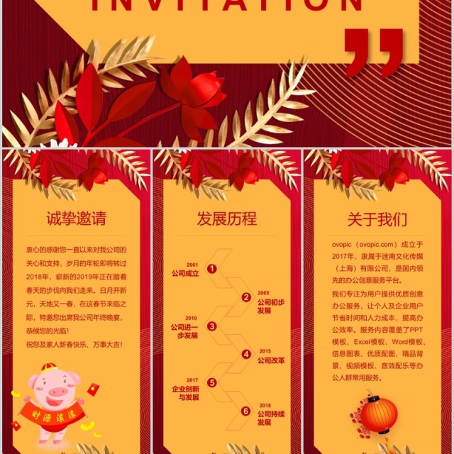 红色新年晚会手机竖版邀请函PPT模板