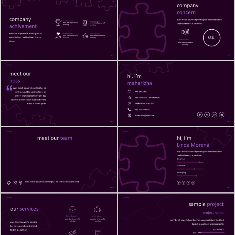 深色紫罗兰拼图版式商务通用PPT模板图片排版Inzomny  Powerpoint Template