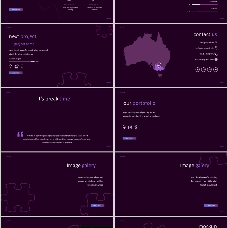 深色紫罗兰拼图版式商务通用PPT模板图片排版Inzomny  Powerpoint Template