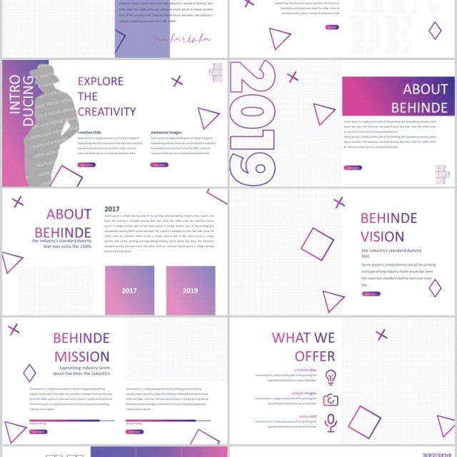 时尚产品项目介绍PPT模板版式设计BEHINDE powerpoint purple