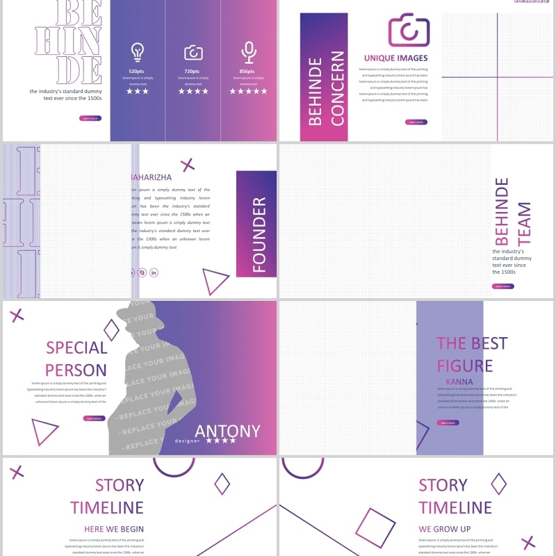 时尚产品项目介绍PPT模板版式设计BEHINDE powerpoint purple