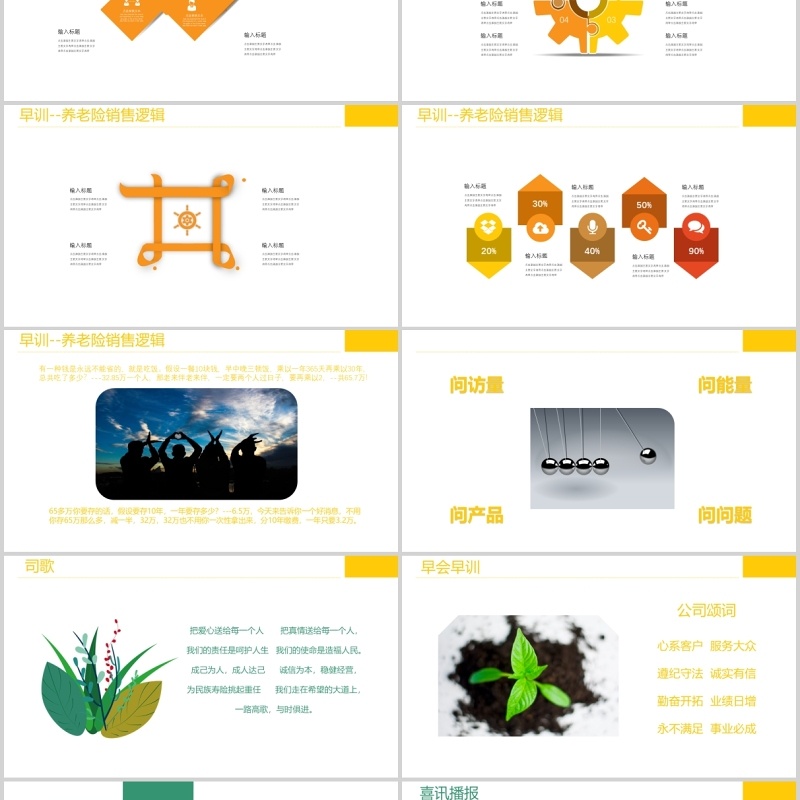 黄色简约保险公司例会早会工作汇报PPT模板