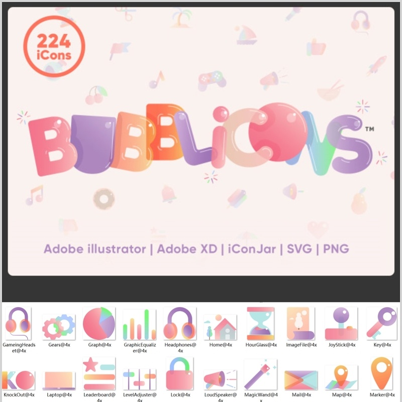 彩色卡通泡泡糖风格图标素材BUBBLiCONS